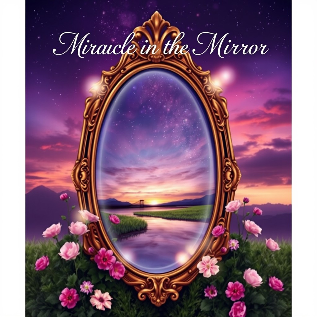A captivating book cover design for 'Miracle in the Mirror', featuring an enchanting, oversized antique mirror reflecting a beautiful, serene landscape