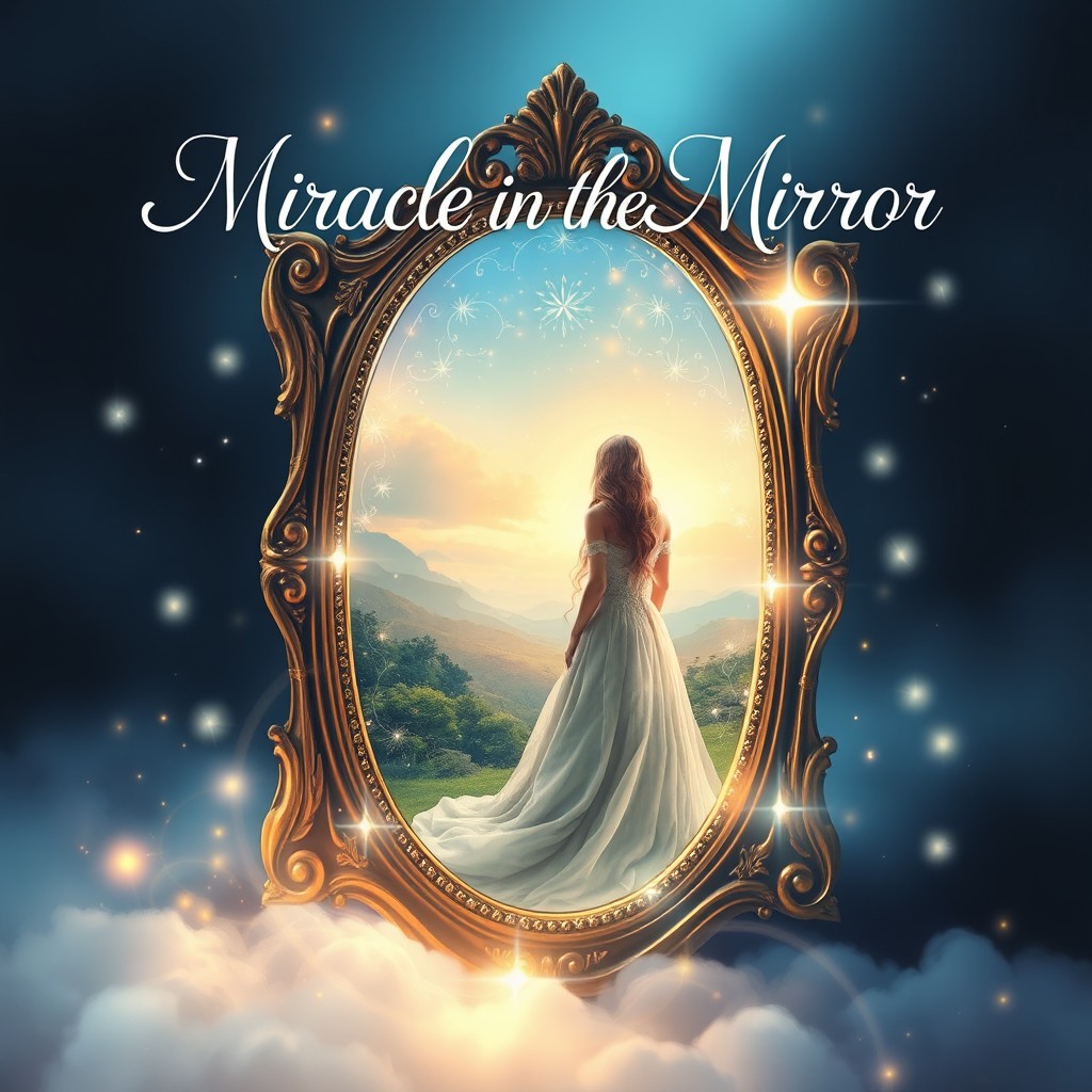 A mesmerizing book cover for 'Miracle in the Mirror', featuring an enchanting mirror reflecting a beautiful, ethereal landscape
