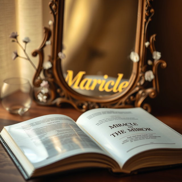 An open book with a glossy cover titled 'Miracle in the Mirror', resting on a wooden table