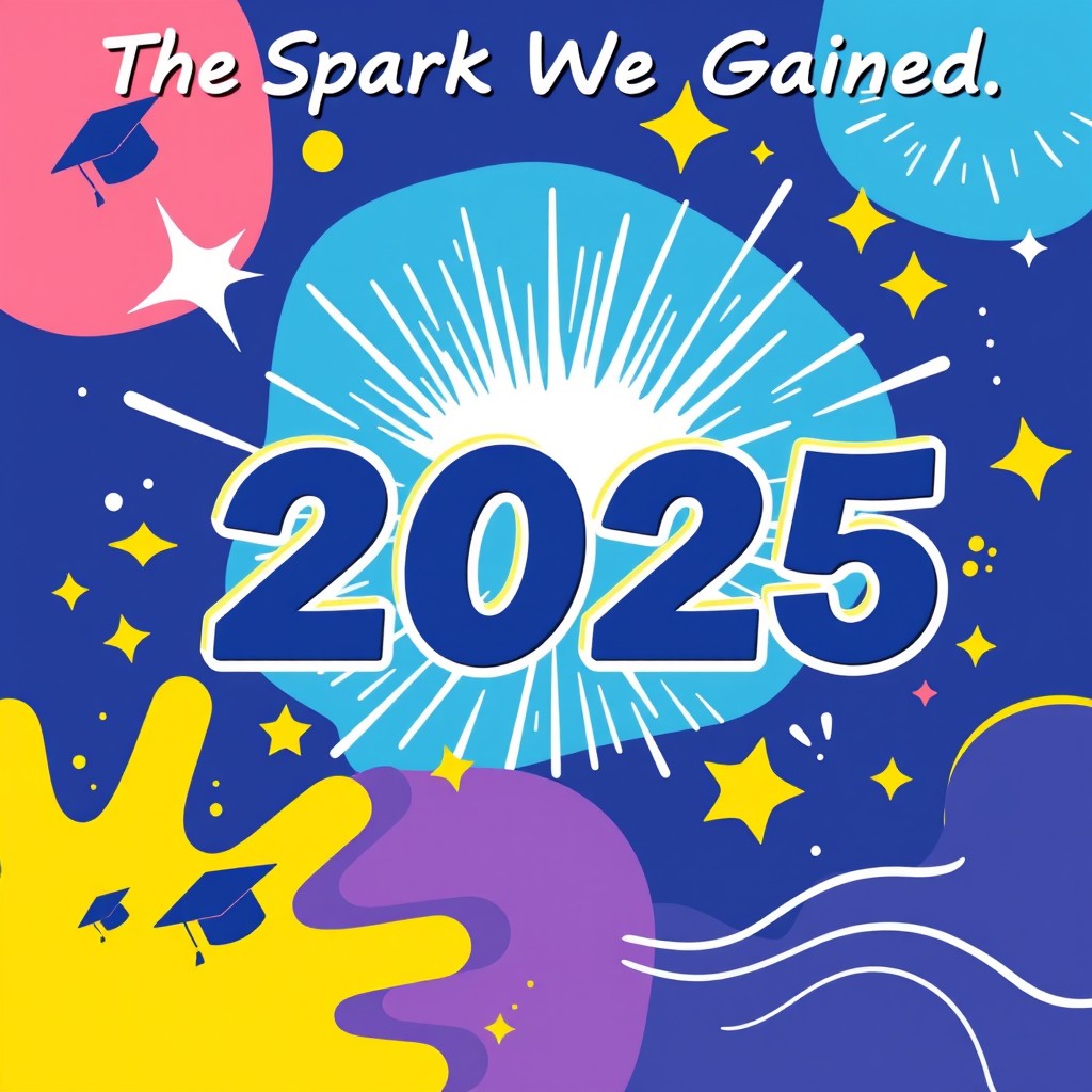 A vibrant and colorful yearbook background for the year 2025, featuring the title 'The Spark We Gained' at the top in bold, artistic lettering