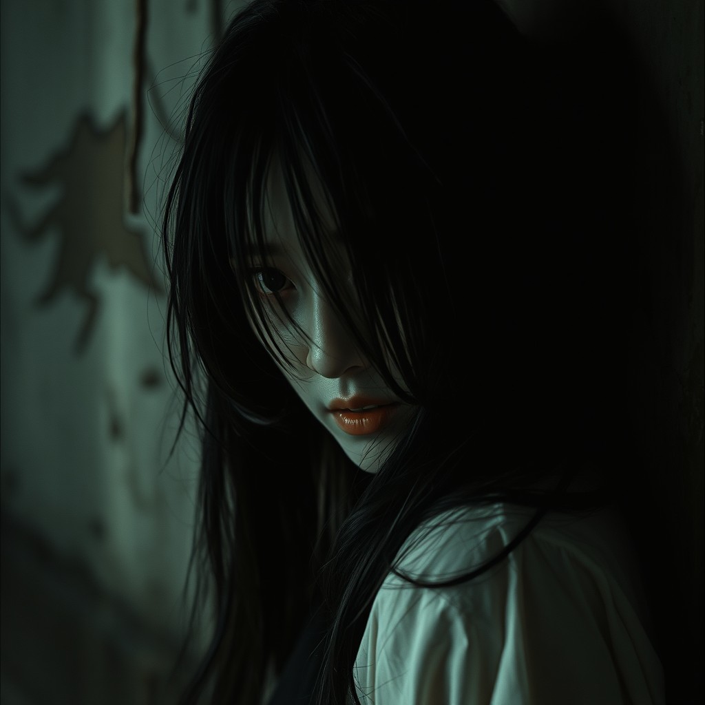 A ghostly woman hiding in shadows with pale skin and long messy black hair partially covering her face