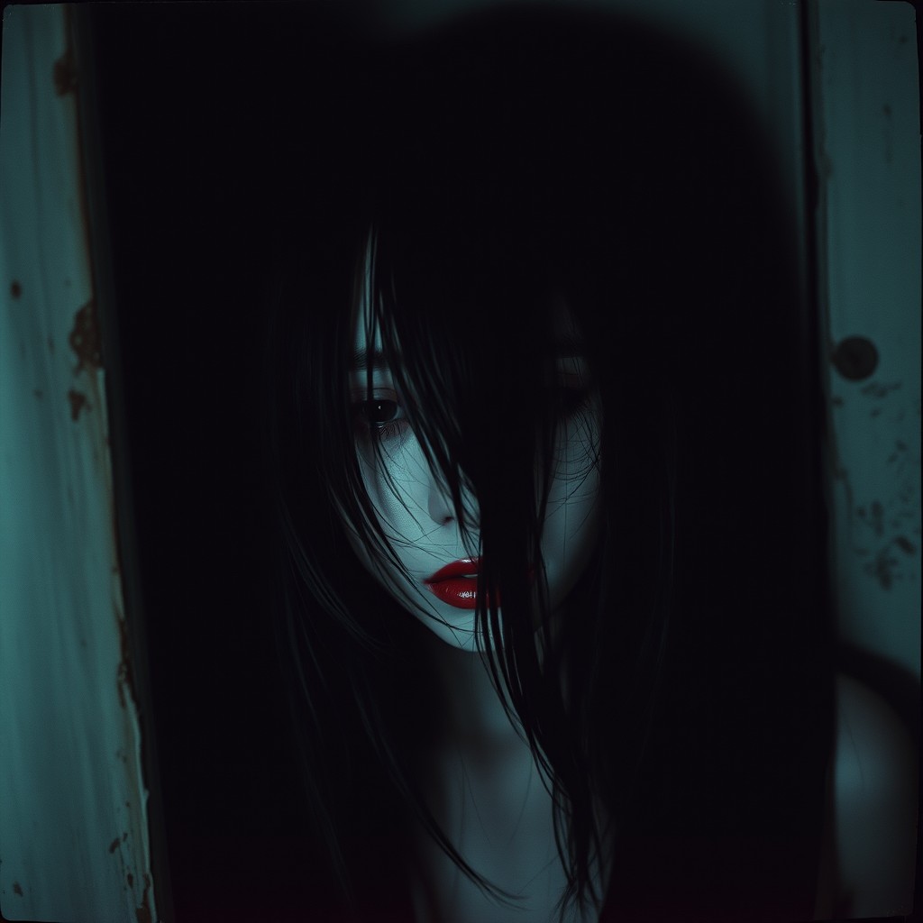 A ghostly woman hiding in shadows, with pale skin and long messy black hair covering her face