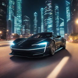 A black electric sports car zooms silently down an illuminated city street at night with futuristic skyscrapers towering in the background.