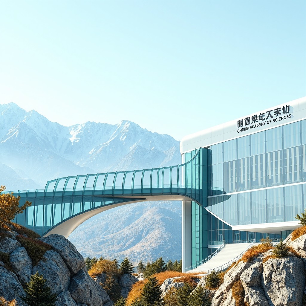 A futuristic glass bridge elegantly connecting two grand academic buildings