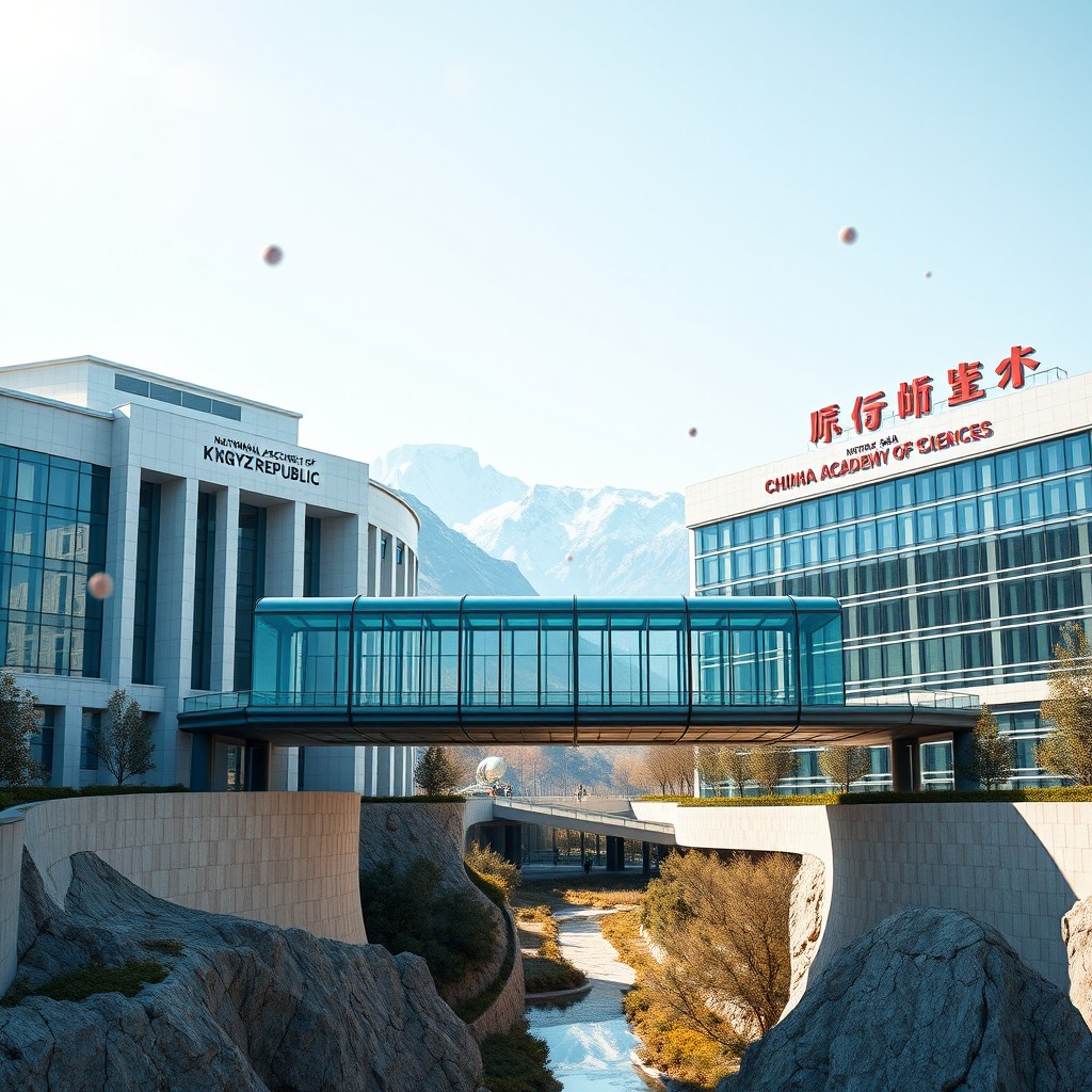 A futuristic glass bridge connecting two grand academic buildings: one labeled 'НАН КР' (National Academy of Sciences of Kyrgyz Republic) designed in a modern minimalist style that incorporates Kyrgyz architectural motifs, and the other building labeled '中国科学院' (Chinese Academy of Sciences) showcasing sleek Chinese futurism