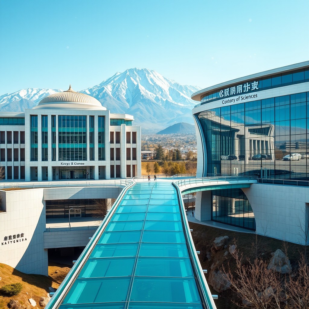 A stunning futuristic glass bridge connects two grand academic buildings