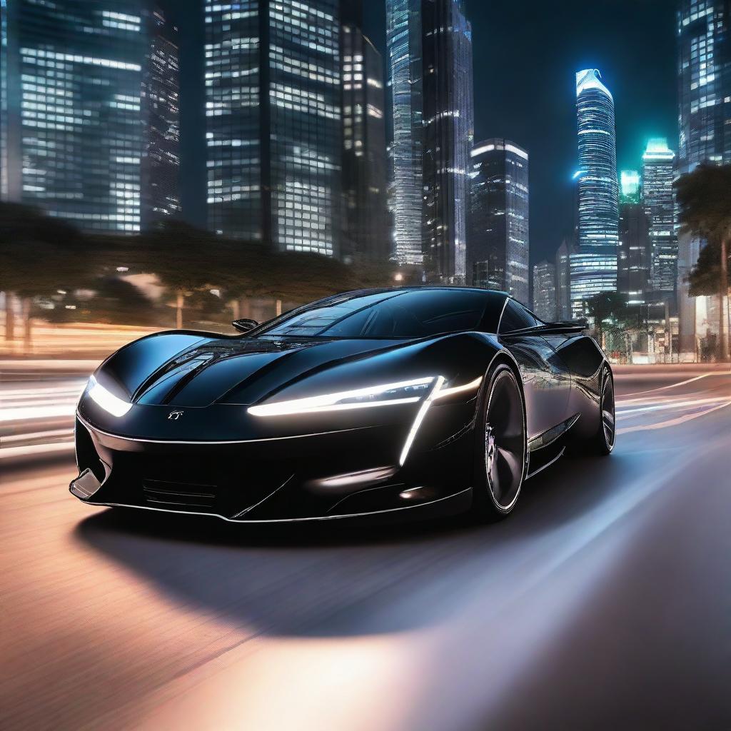 A black electric sports car zooms silently down an illuminated city street at night with futuristic skyscrapers towering in the background.