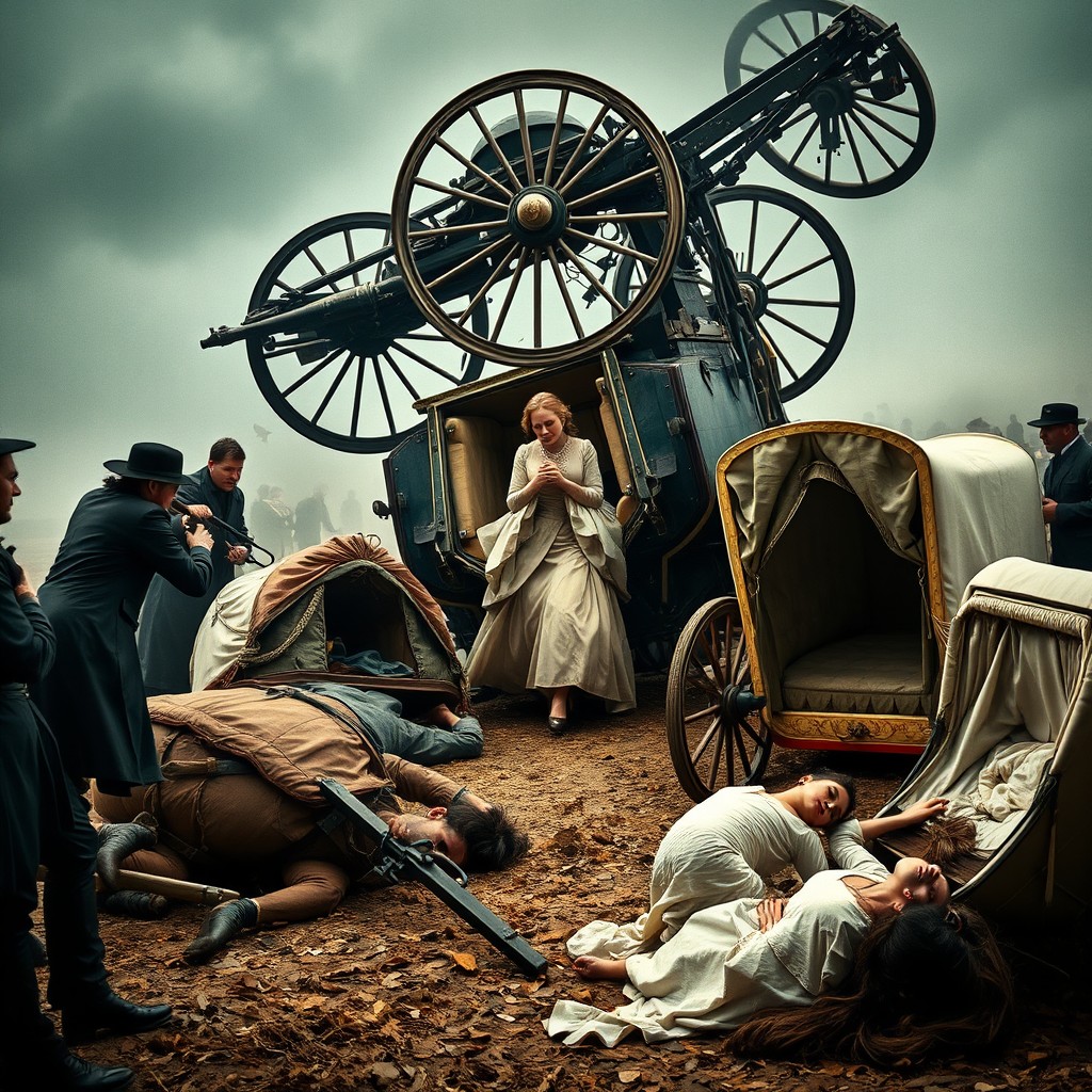 A dramatic scene of two horses lying on the ground amidst an overturned carriage, with the wheels spinning in mid-air