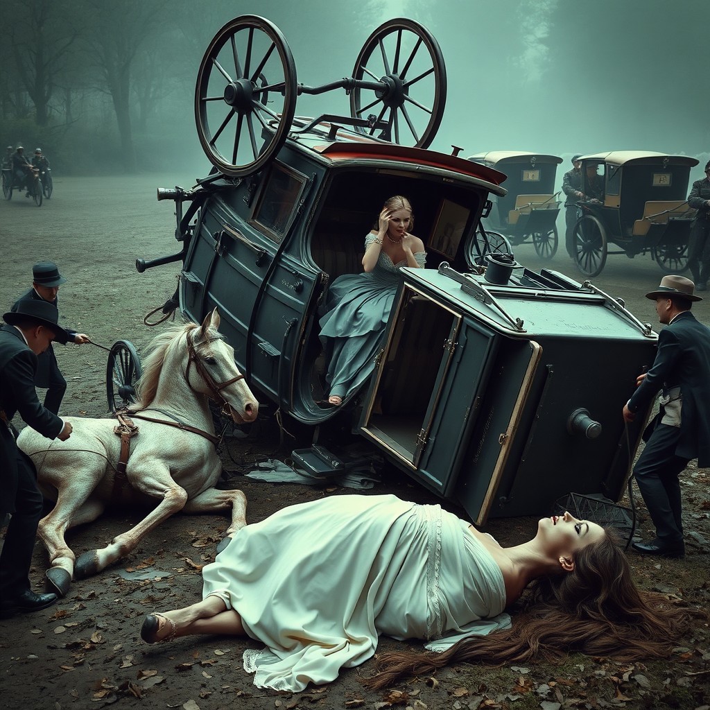 A dramatic scene depicting an overturned carriage with two horses lying on the ground, their legs in the air