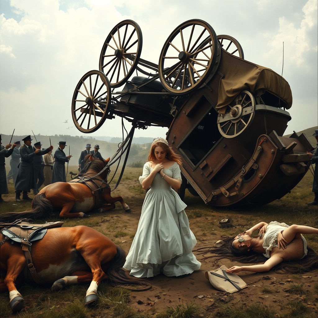 A dramatic scene depicting two horses lying on the ground, an overturned carriage with its wheels spinning in the air