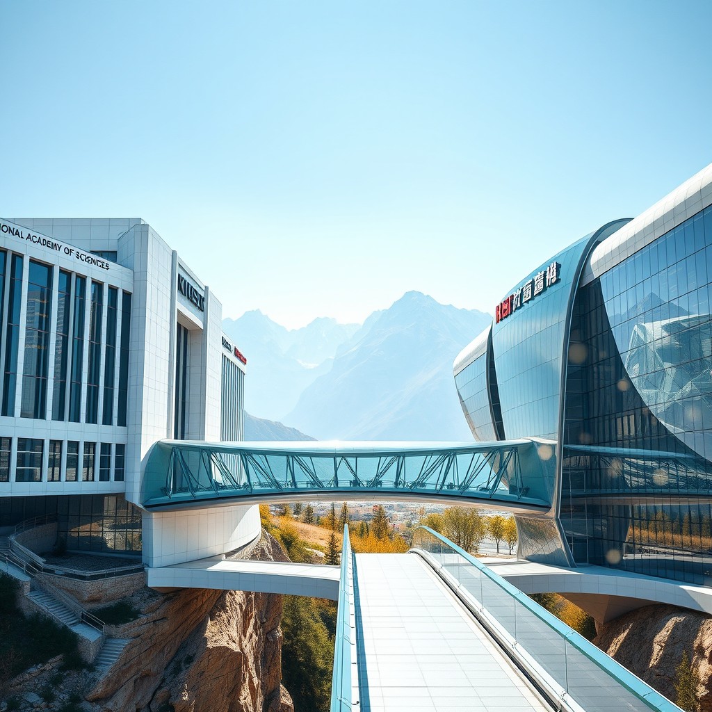 A futuristic glass bridge connecting two grand academic buildings