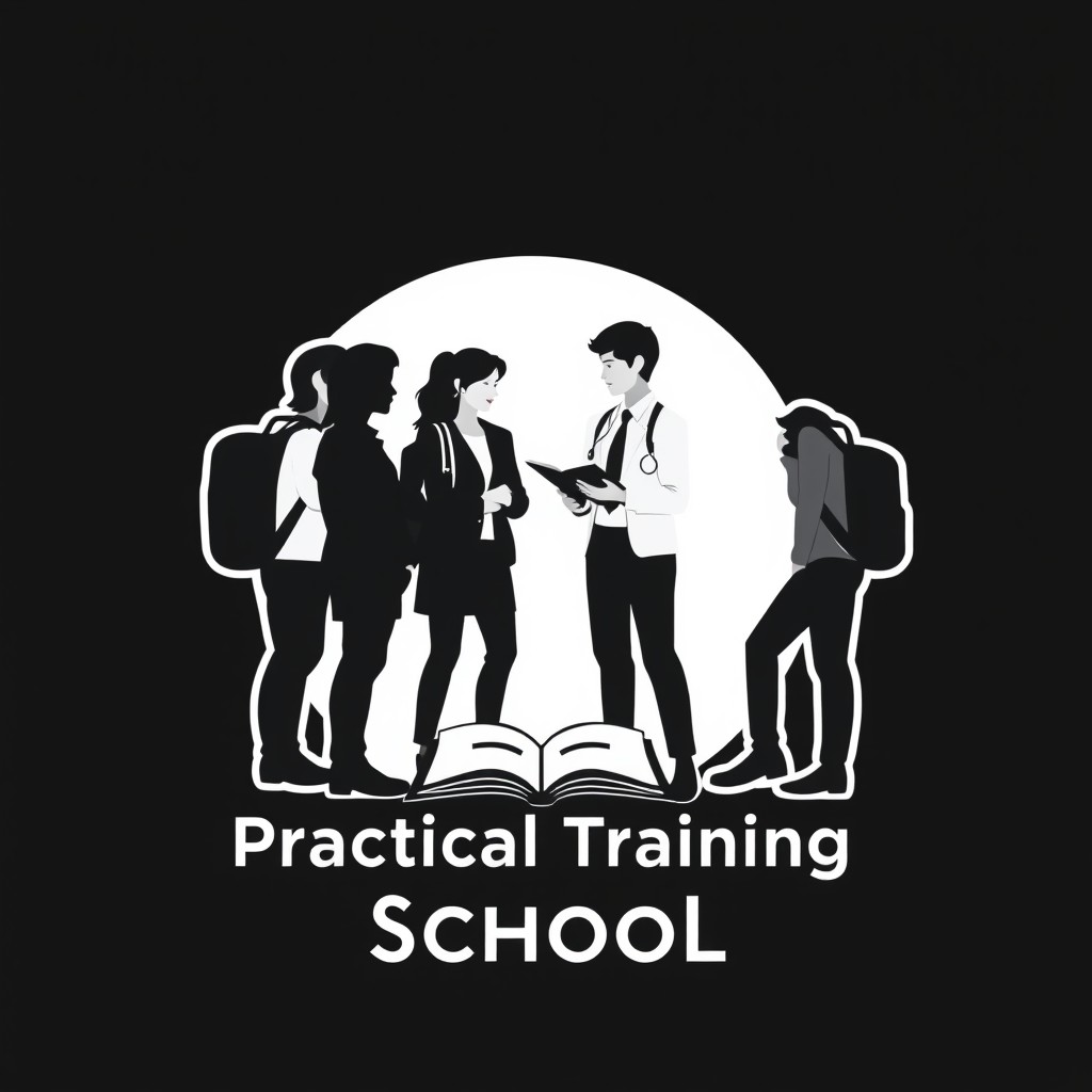 A serious and professional logo design illustrating the interaction between students and their school leaders during a practical training session at school