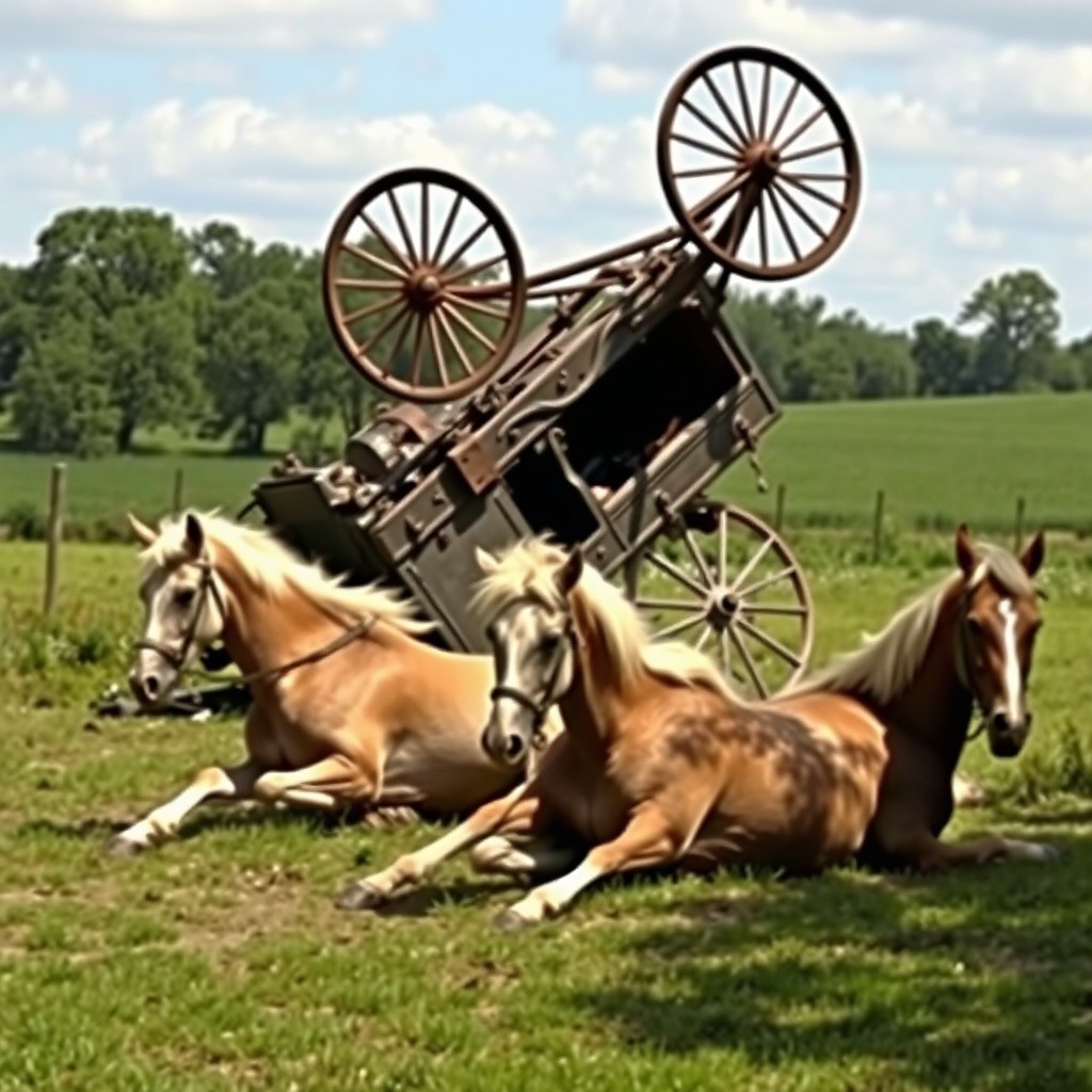A dramatic scene depicting two horses lying on the ground, with an overturned carriage nearby