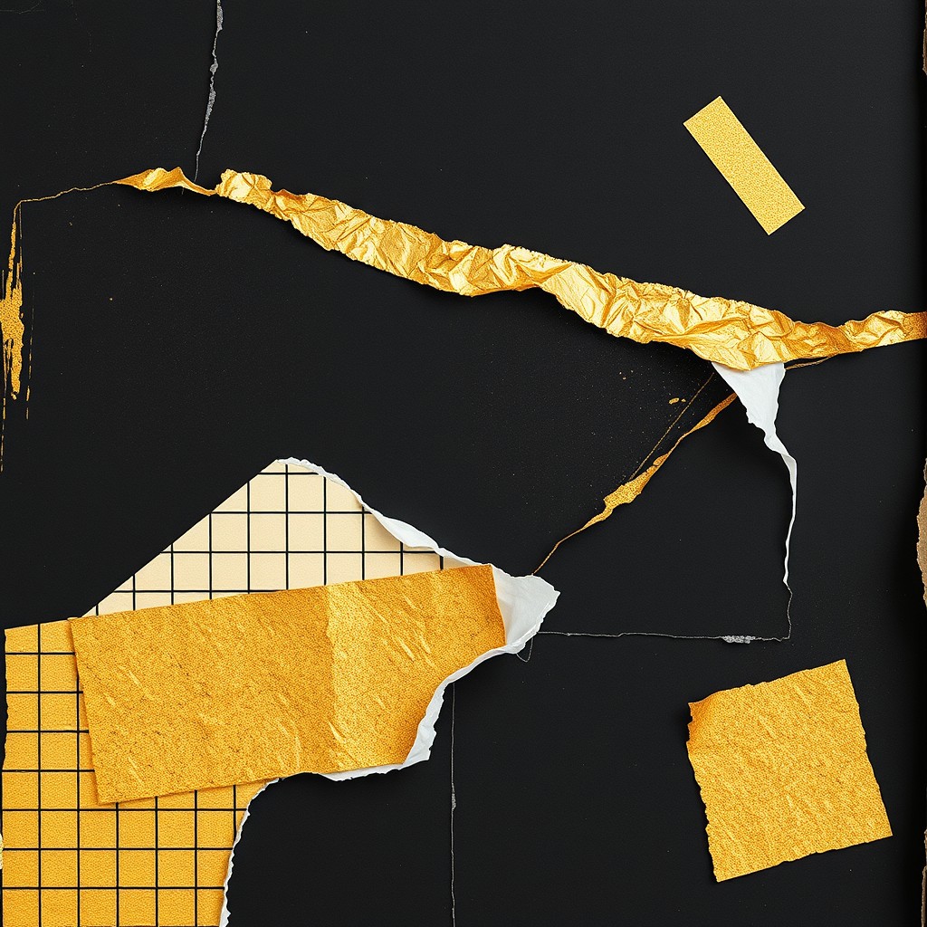 A black and gold artistic composition featuring torn paper with halftones and a grunge aesthetic