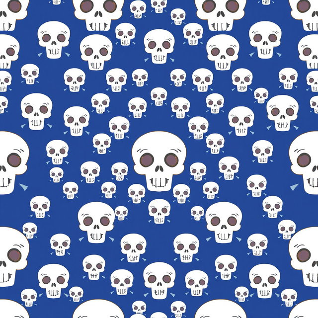A seamless texture featuring hundreds of cartoonish white skulls arranged in a regular, repeating pattern, with a royal blue background