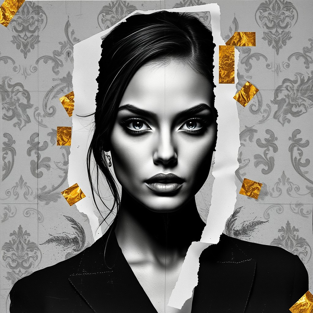 A striking black and gold artistic portrait of a beautiful woman's face, incorporating torn paper elements with halftones and a grunge texture