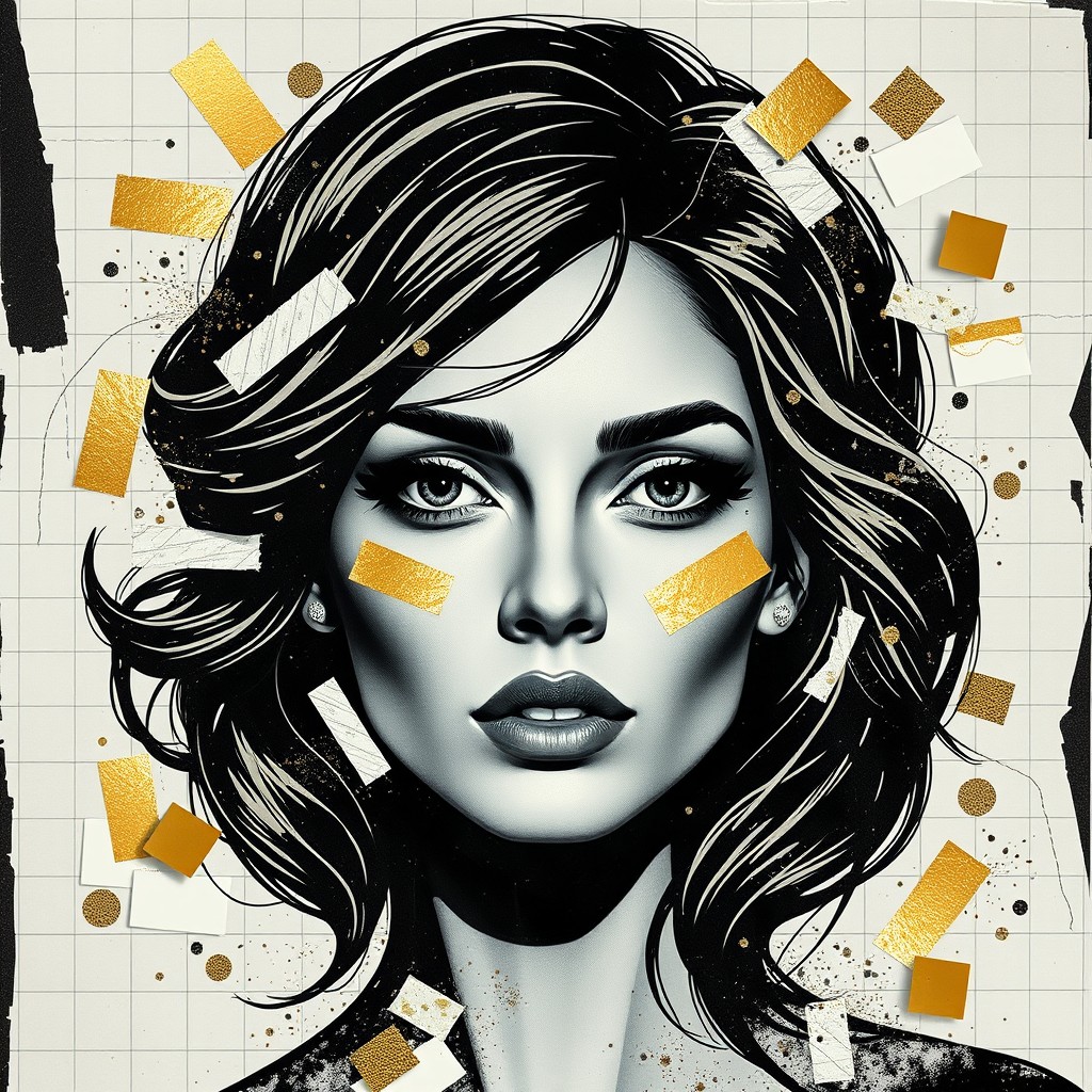 An exclusive black and gold artistic portrait of a beautiful woman's face, featuring abundant gold elements intertwined with torn paper textures