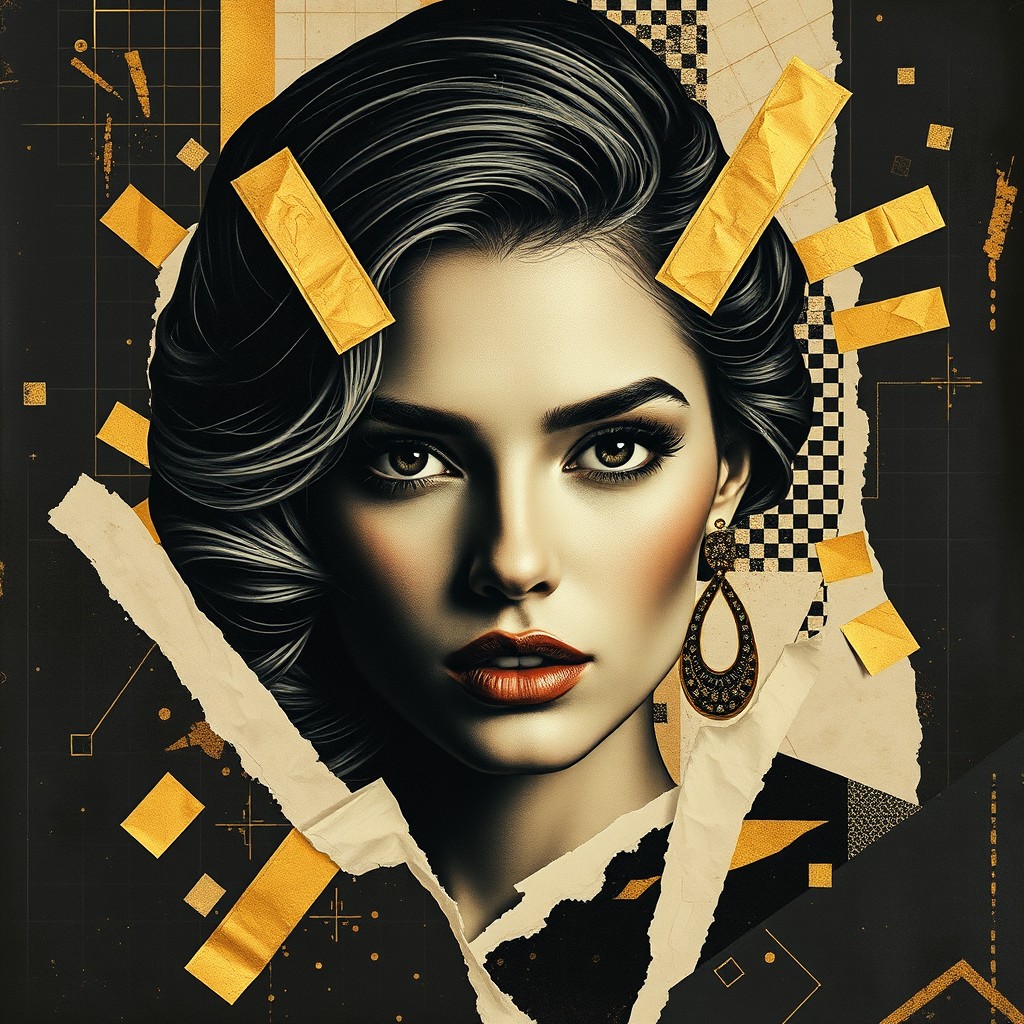 An exclusive black and gold artistic portrait featuring a beautiful woman's face, surrounded by a composition of torn paper elements, halftones, and a grunge texture