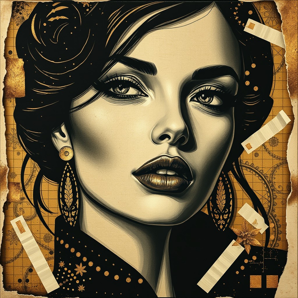An exclusive black and gold artistic portrait featuring a beautiful woman's face