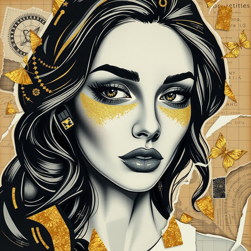 An exclusive black and gold artistic portrayal of a beautiful woman's face, intricately designed with rich gold elements and layers of torn paper