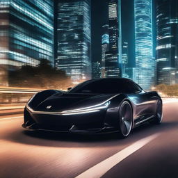 A black electric sports car zooms silently down an illuminated city street at night with futuristic skyscrapers towering in the background.