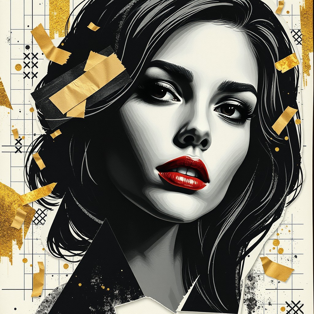 An exclusive artistic portrait in black and gold, featuring the face of a beautiful woman