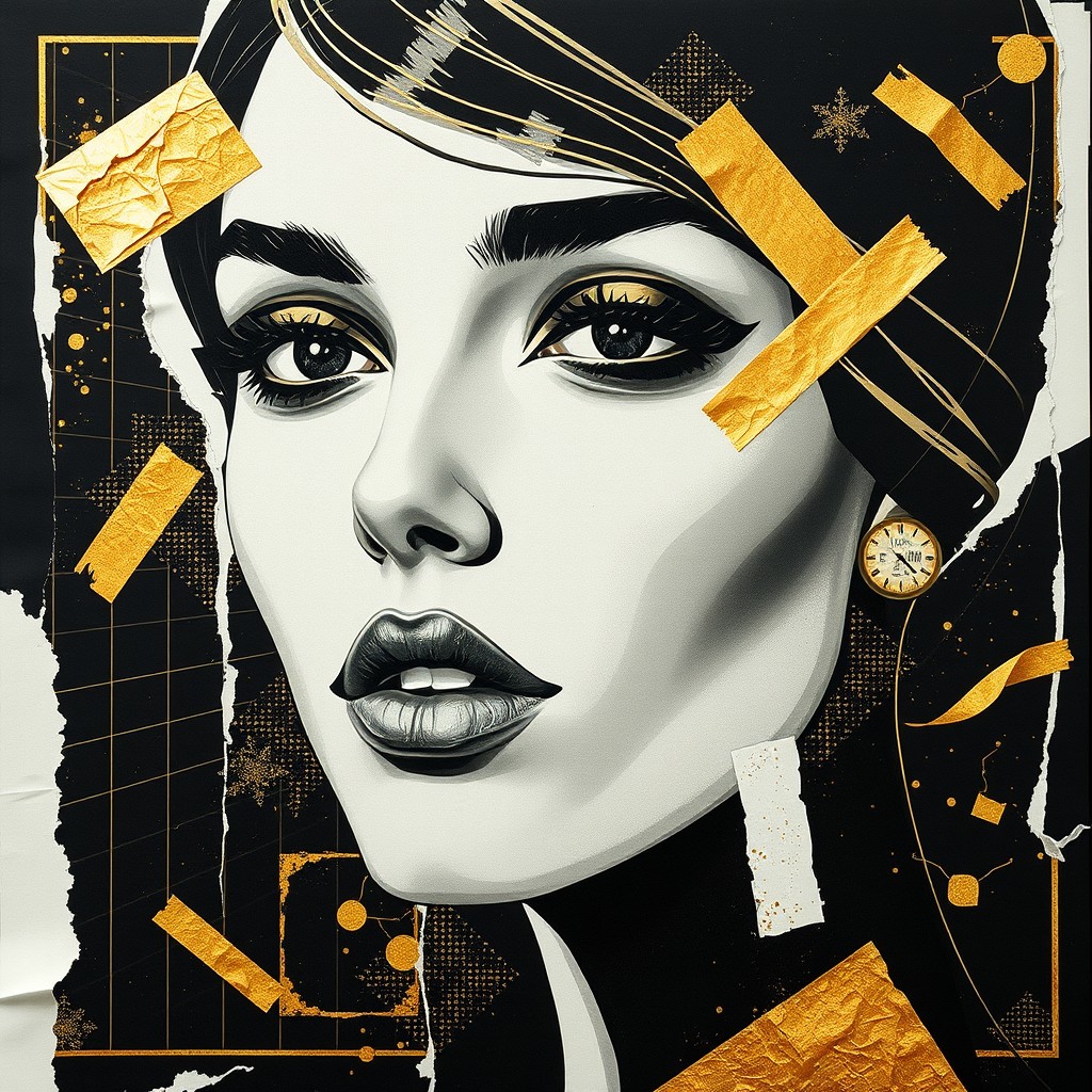 An exclusive artistic representation of a beautiful woman's face, designed in a striking black and gold color palette