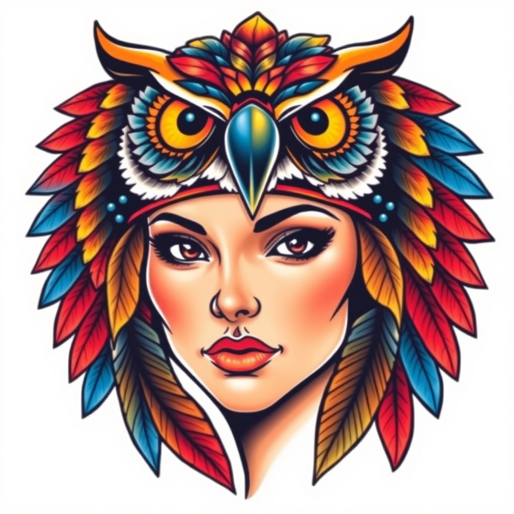 A tattoo design featuring the face of a woman adorned with an ornate Indian headdress that is uniquely shaped like an owl