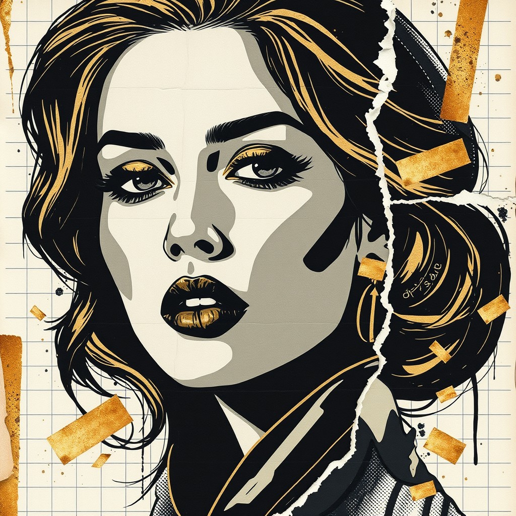 An exclusive artistic representation focusing on the face of a beautiful woman, illustrated in a distinct black and gold color scheme