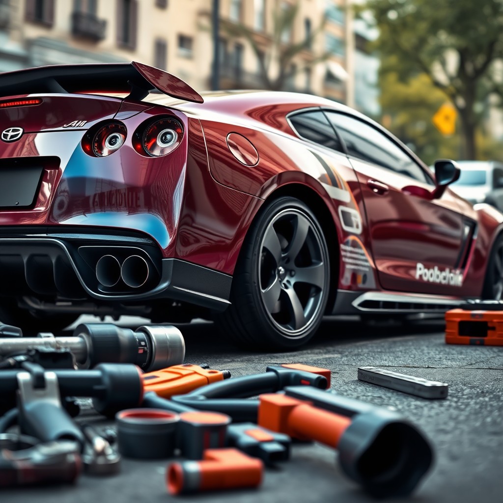 A detailed image of a car customization scene, featuring a sleek sports car getting tuned with various modifications such as a high-performance exhaust system, lowered suspension, and striking alloy wheels