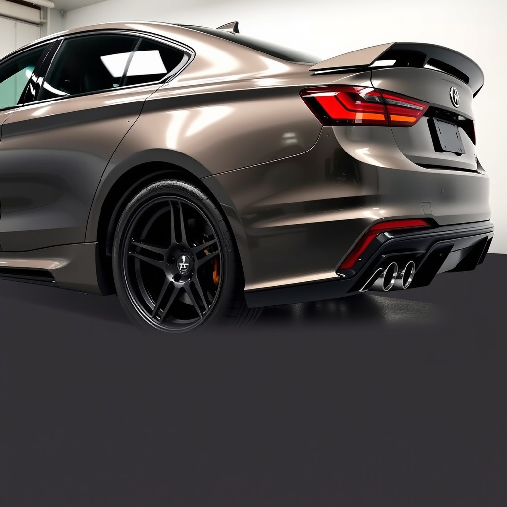 A stylish and modern car being tuned with various modifications such as custom wheels, a lower stance, and a sleek body kit