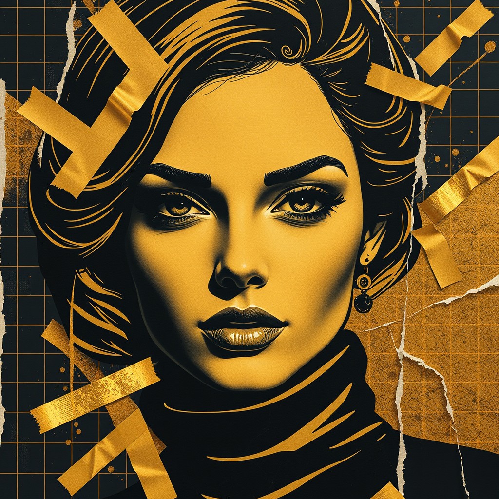 An exclusive artistic depiction of a beautiful woman's face, rendered in a striking black and gold color scheme