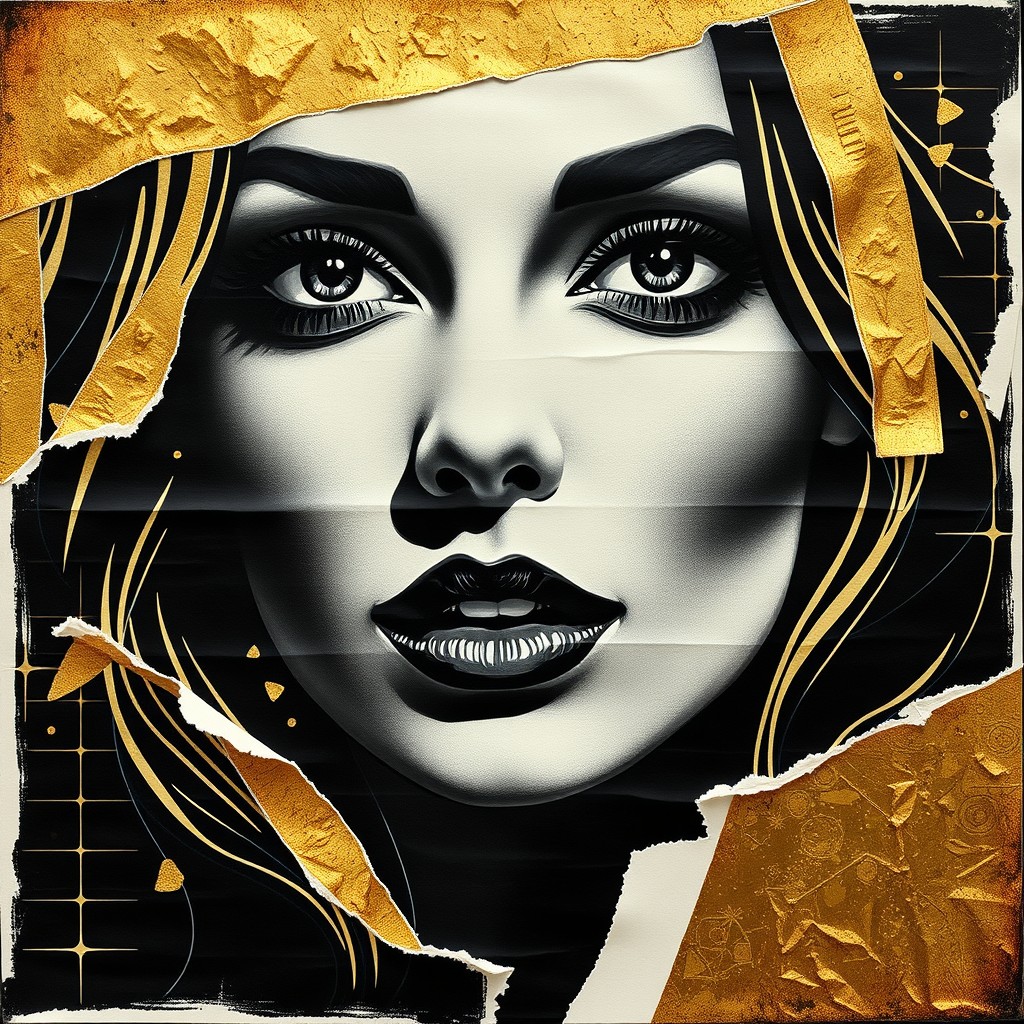 An exclusive artistic interpretation featuring the face of a beautiful woman, executed in a captivating black and gold color scheme