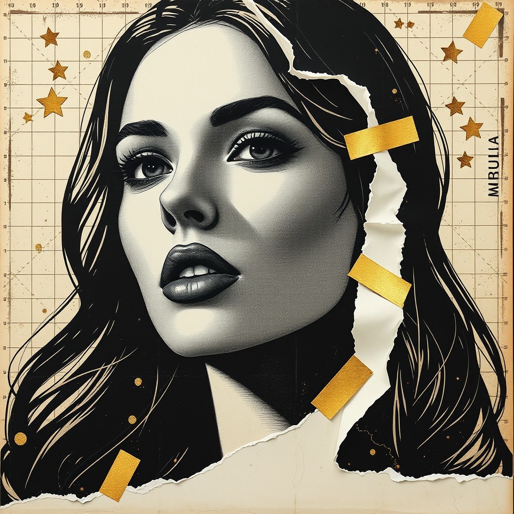 An exclusive artistic portrayal of a beautiful woman's face, created using a sophisticated black and gold color scheme