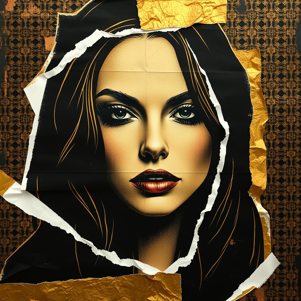 An exclusive artistic representation featuring the face of a beautiful woman, crafted in a captivating black and gold color scheme
