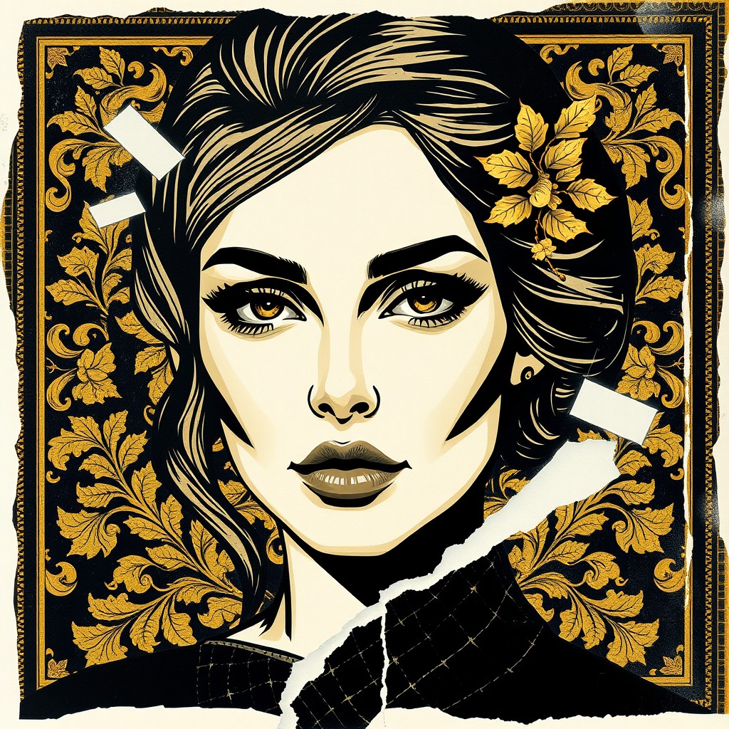 An exclusive artistic rendition featuring the face of a beautiful woman, designed in a striking black and gold color palette