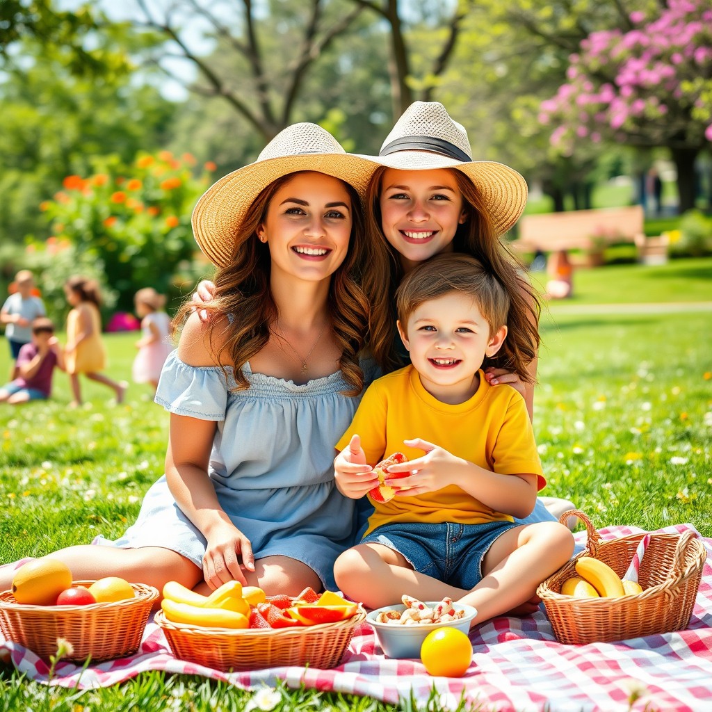 A heartwarming scene depicting a mother and her son enjoying a sunny day at the park