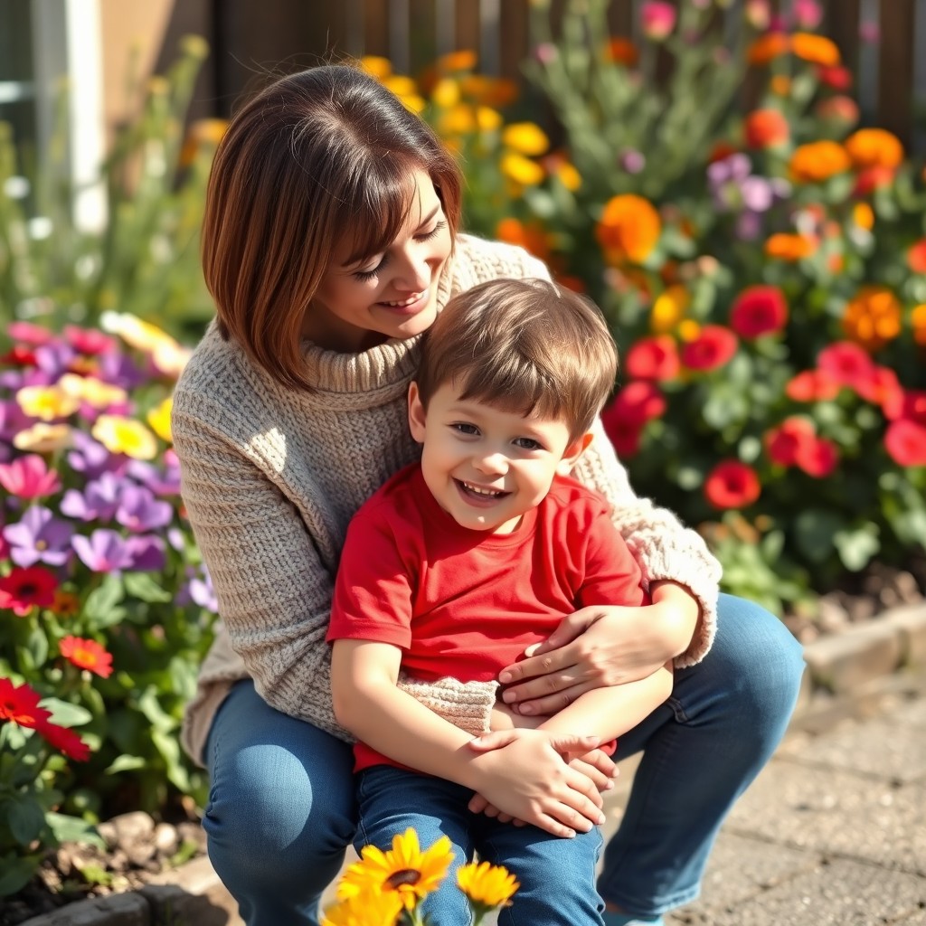 a caring and affectionate scene depicting a mother and her son in a warm, loving embrace