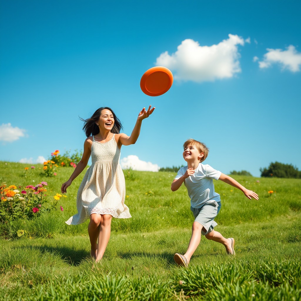 A picturesque scene of a mother and son enjoying a sunny day at the park, with the mother playfully throwing a frisbee while the son is laughing and running to catch it