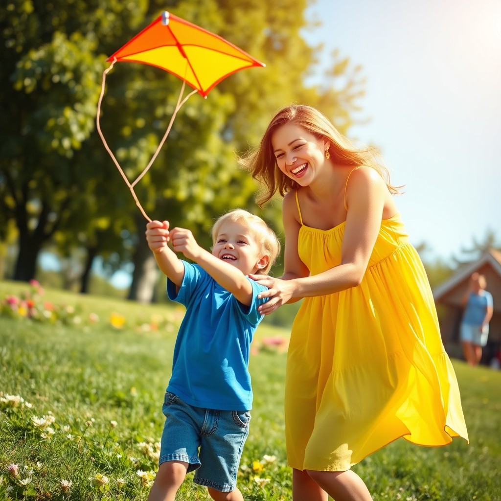 A loving and playful scene of a mother and her young son enjoying a sunny day at the park
