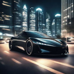 A black electric sports car zooms silently down an illuminated city street at night with futuristic skyscrapers towering in the background.