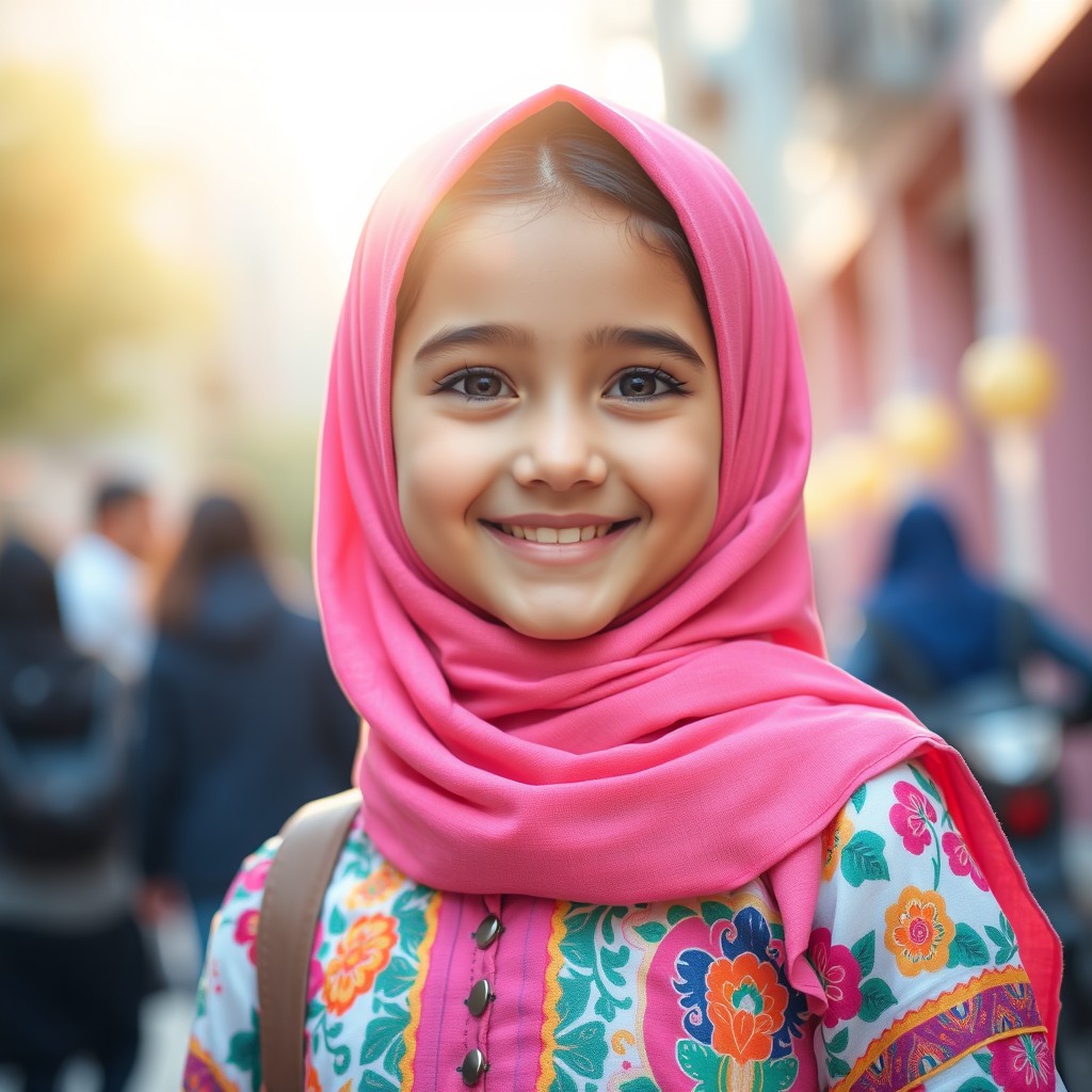 A cute young Muslim girl wearing a vibrant hijab, with a joyful smile and sparkling eyes