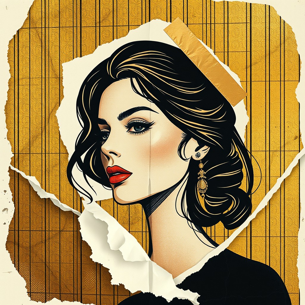 An exclusive artistic illustration of a beautiful woman's face, designed in an elegant black and gold theme