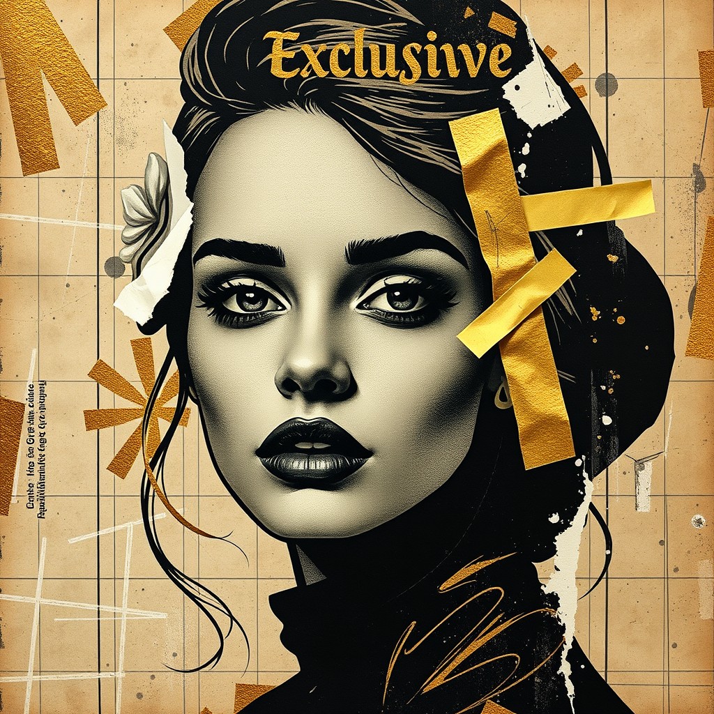 An exclusive artistic portrayal of a beautiful woman's face, rendered in an elegant black and gold color palette