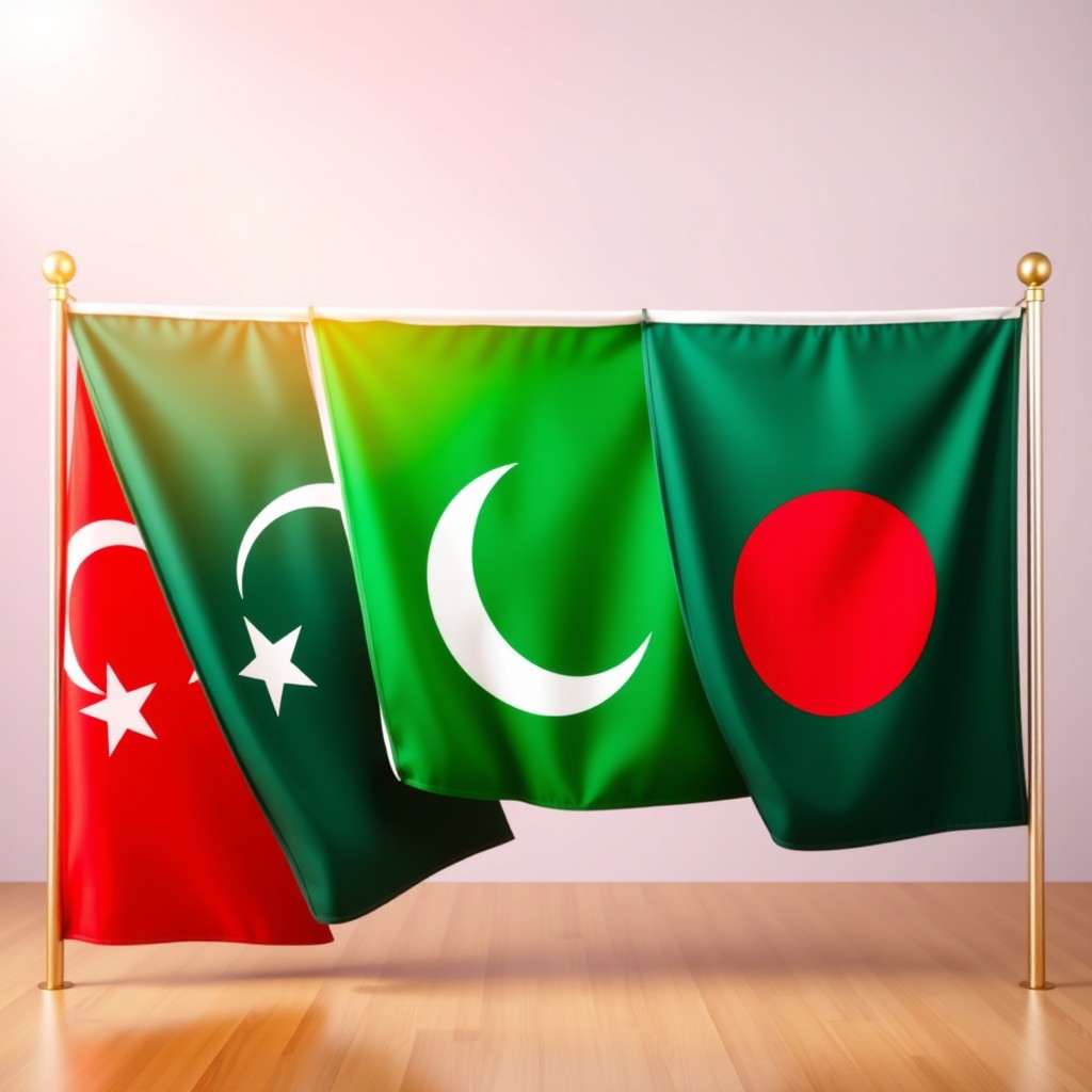 A vibrant composition showcasing the flags of Turkey, Pakistan, and Bangladesh, displayed prominently side by side in an artistic manner