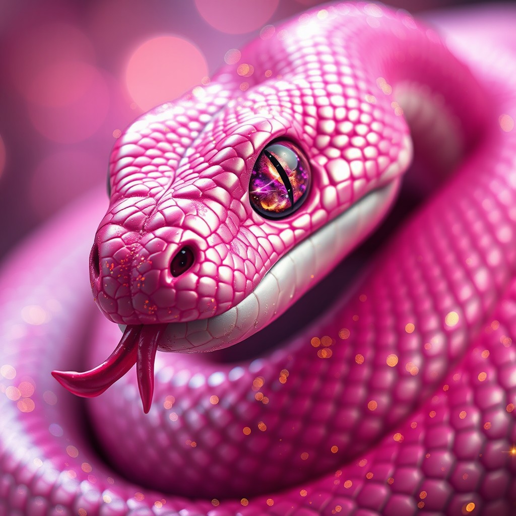 Close-up of a coiled fantasy snake with its tongue out, covered in highly detailed iridescent pink scales that shimmer with magical sparkles