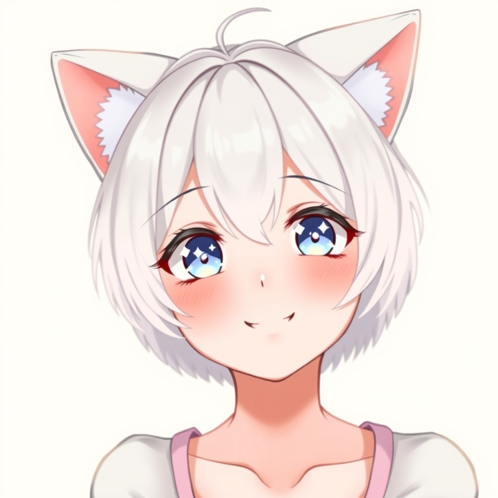 A portrait of a cute anime girl with short white hair and adorable cat ears