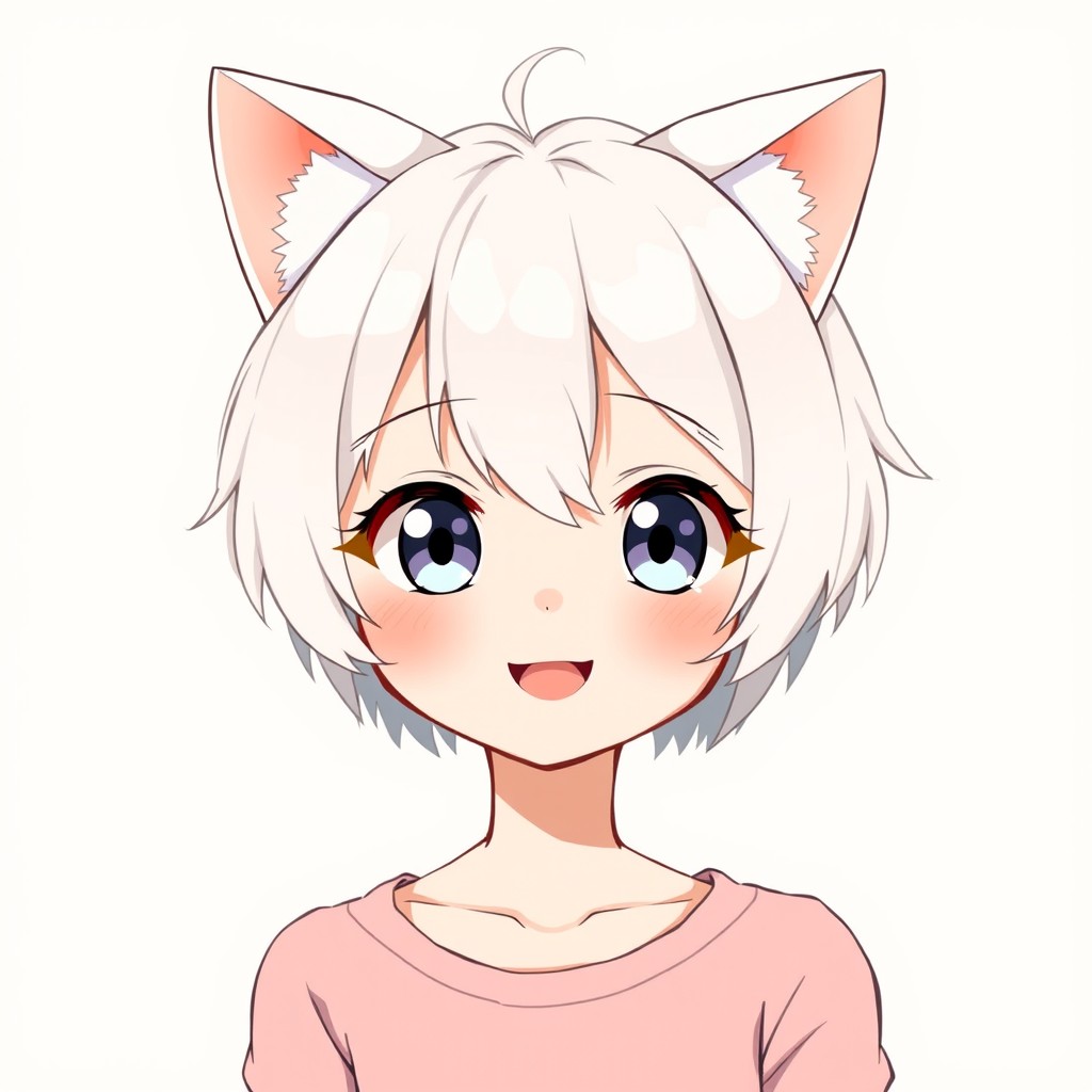 A charming anime style portrait of a girl with short, white hair and adorable cat ears