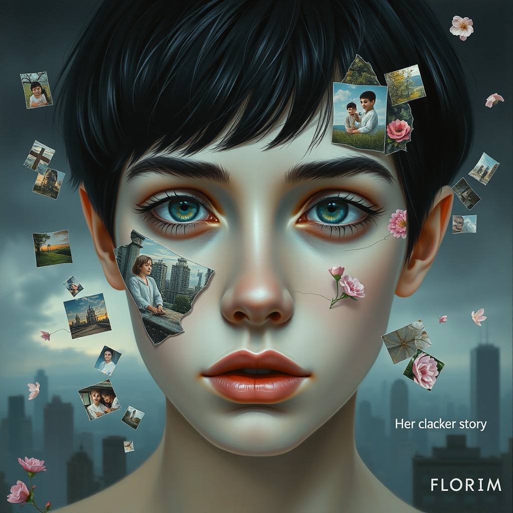 A hyper-realistic digital painting depicting a young woman with pale skin, short black hair, and intense teal eyes