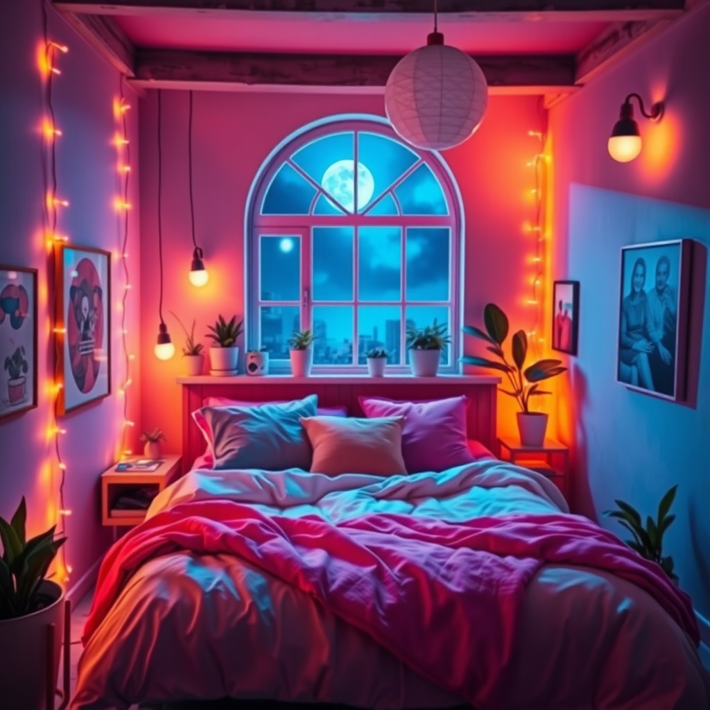 A cool and trendy profile picture featuring a stylized fantasy bedroom with neon lighting effects, showcasing a cozy bed adorned with fluffy pillows and vibrant blankets